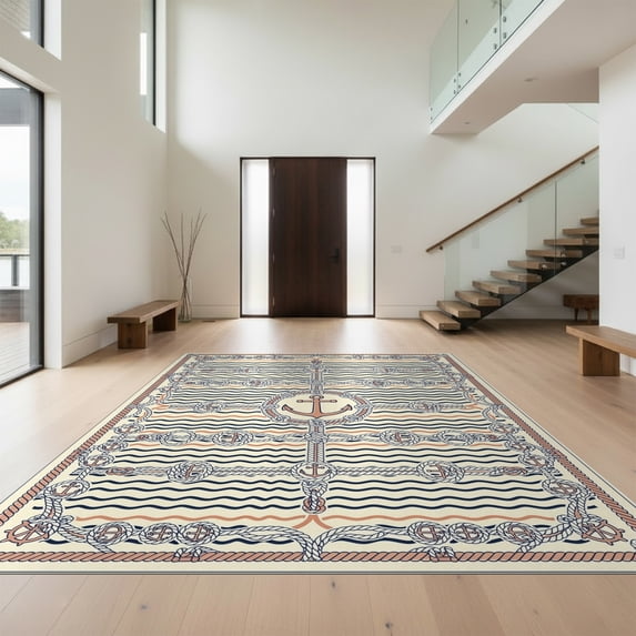Design&I 6'x9' Ultra Soft Area Rug, Theme Maritime Compass Motif Sailboat Seashell Nautical Decorative None Fluffy Washable Non Shedding for Guest Room Bedroom Living Room