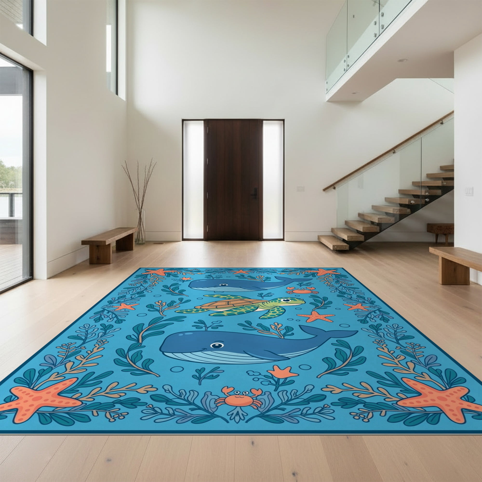 Turtle Outside Rugs Design&I 6'x9' Ultra Soft Area Rug, Turtle Ocean Playful Marine Border ...