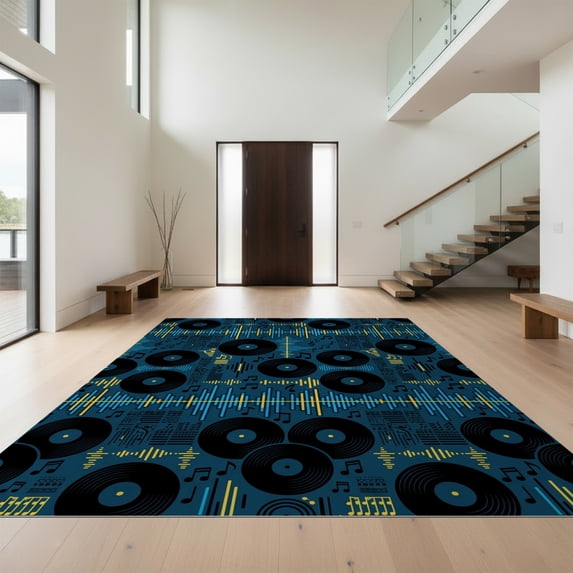 Design&I 6'x9' Ultra Soft Area Rug, Wet Vintage Vinyl Sound Cd Displaying Abstract Musical Tapete None Fluffy Washable Non Shedding for Guest Room Bedroom Living Room