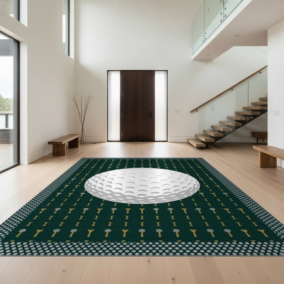 Design&I 6'x9' Washable Area Rug Ball Sport Design With Bold Realistic Dimple And Tee Accents Golf Flowing for Queen Size Bedroom, Under Bed, Sleek Flatweave Pet Friendly
