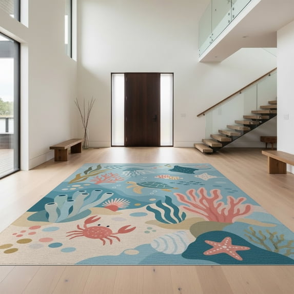 Design&I 6'x9' Washable Area Rug Blue Ocean Underwater Adventure Playful Marine Life with and Fish for Dining Room, Under Table, Office, Snag-Free