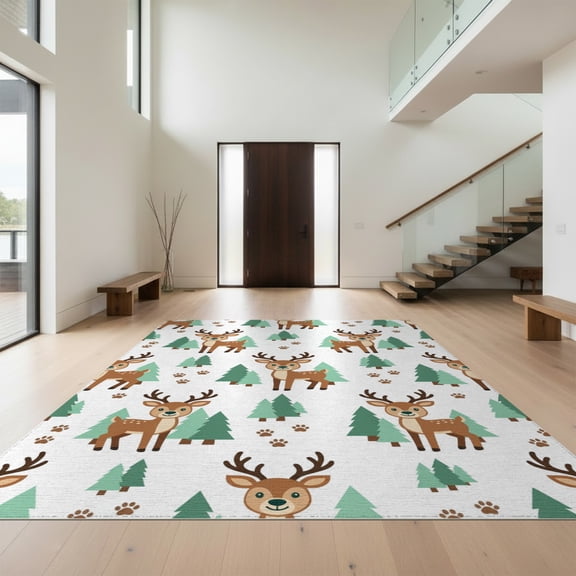 Design&I 6'x9' Washable Area Rug Cheerful Forest Animals Hunting Scene Round Pine Trees Accent for Queen Size Bedroom, Under Bed, Sleek Flatweave Pet Friendly