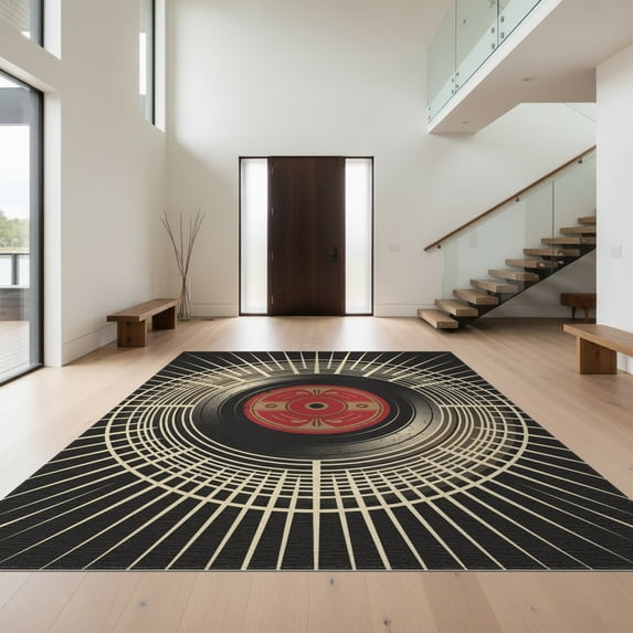 Design&I 6'x9' Washable Area Rug Circle Retro Nostalgic Phonograph Record Round Sunburst Vinyl for Dining Room, Under Table, Office, Snag-Free