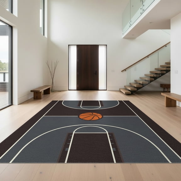 Design&I 6'x9' Washable Area Rug Deep Brown Basketball Court Design Arc Vibrant Ball Centerpiece, Mirrored Symmetry for Queen Size Bedroom, Under Bed, Sleek Flatweave Pet Friendly