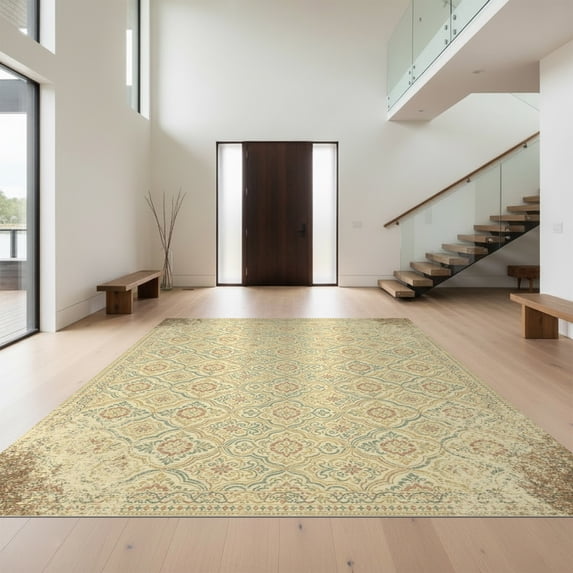Design&I 6'x9' Washable Area Rug Farmhouse Boho Lattice Ornate Slim Border Teal Orange for Living Room, Family Indoor, Oversized Skid-Resistant