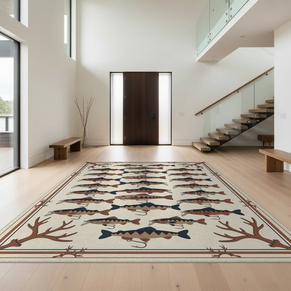 Design&I 6'x9' Washable Area Rug Fish Bass Cabin Antler Motifs Fishing Clownfish Lake for Queen Size Bedroom, Under Bed, Sleek Flatweave Pet Friendly