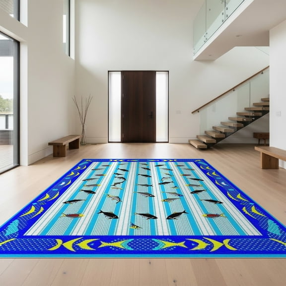 Design&I 6'x9' Washable Area Rug Fish Hook Fishing Lure Diagonal Stripe Nautical Hunting Animals for Dining Room, Under Table, Office, Snag-Free