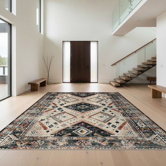 Design&I 6'x9' Washable Area Rug Long Boho Hallway Distressed Geometric Border Entryway Hallways for Living Room, Family Indoor, Oversized Skid-Resistant
