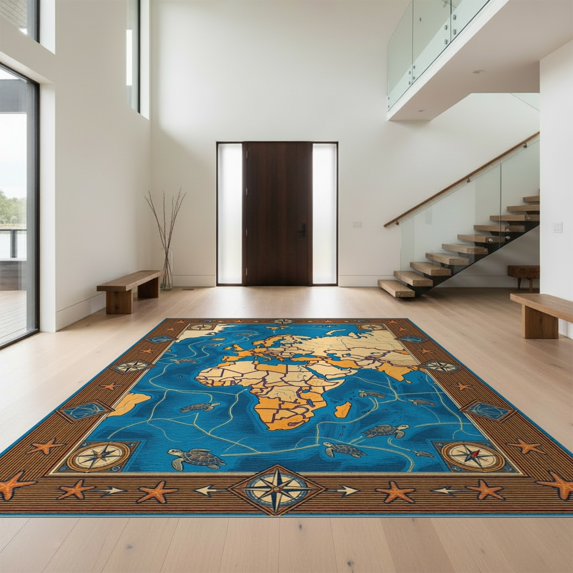 Design&I 6'x9' Washable Area Rug Map Retro Starfish Compass Emblems Nautical Ocean Turtle Round Refined for Dining Room, Under Table, Office, Snag-Free