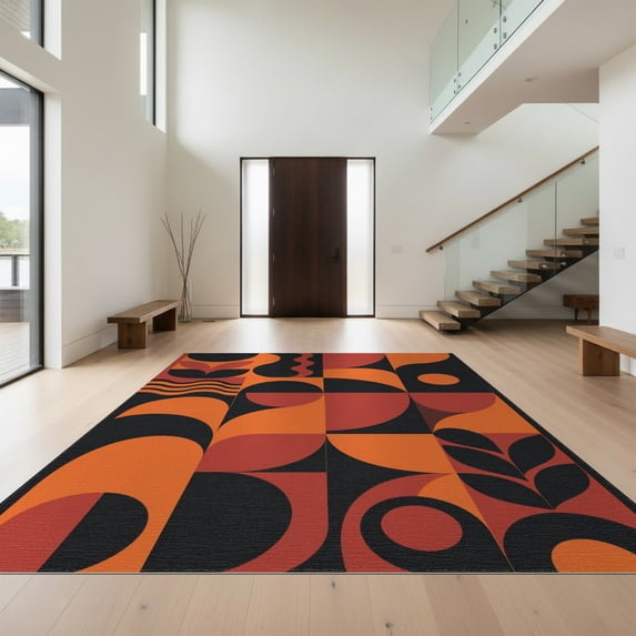 Design&I 6'x9' Washable Area Rug Oversized Skid-Resistant Orange Black Geometric and Motifs Elegant Contrast of Curves Angles for Living Room, Family Indoor