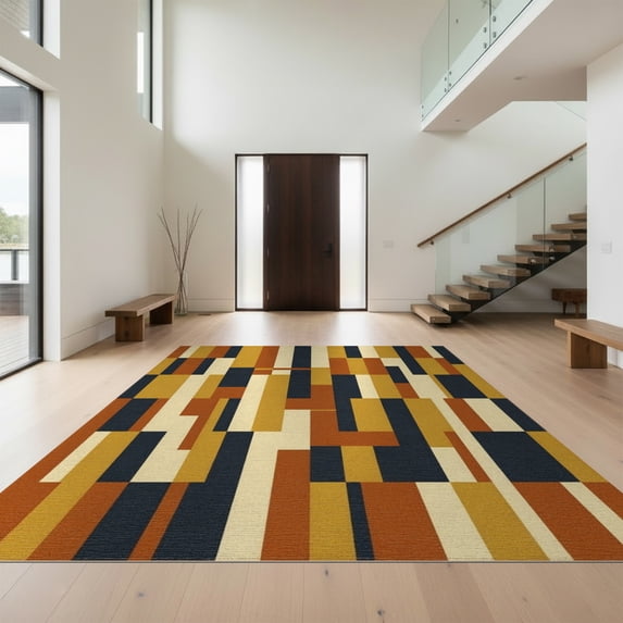 Design&I 6'x9' Washable Area Rug Oversized Skid-Resistant Patchwork Mid Century Stripe Motif Rectangle Large Geometric for Living Room, Family Indoor