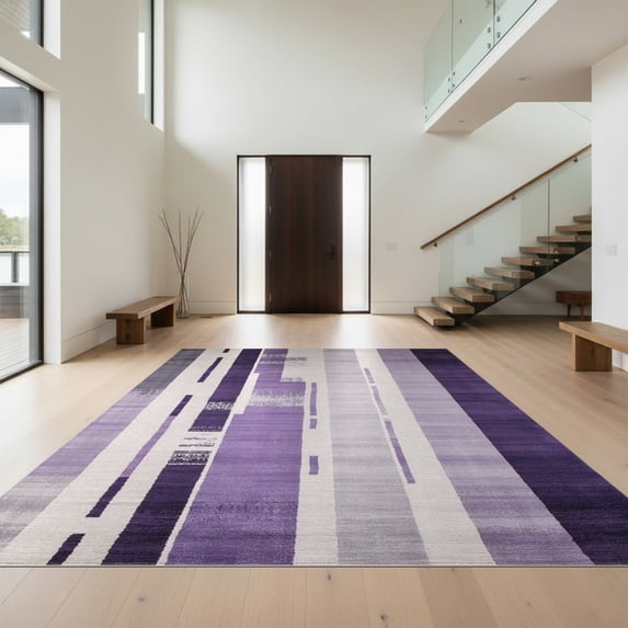 Design&I 6'x9' Washable Area Rug Oversized Skid-Resistant Purple Grey Abstract Striped Art Modern Vertical Brushstroke Design for Living Room, Family Indoor