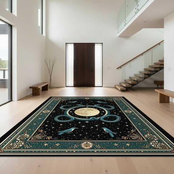 Design&I 6'x9' Washable Area Rug Oversized Skid-Resistant Snake Round Gothic Pentagram Serpent Vintage Raven Moody Goth for Living Room, Family Indoor