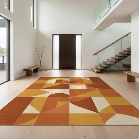 Design&I 6'x9' Washable Area Rug Oversized Skid-Resistant Terracotta Mid Century Burnt Orange Interlocking Boho Midcentury for Living Room, Family Indoor