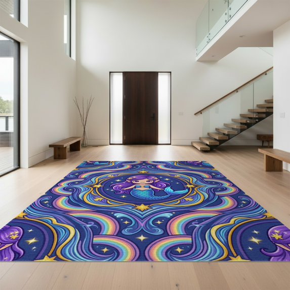Design&I 6'x9' Washable Area Rug Purple Kawaii Ocean Wave Border Mermaid Starfish Motif Balanced for Living Room, Family Indoor, Oversized Skid-Resistant