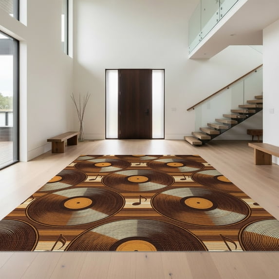 Design&I 6'x9' Washable Area Rug Record Abstract Vinyl Disc Horizontal Stripes Musical Theme Music for Dining Room, Under Table, Office, Snag-Free