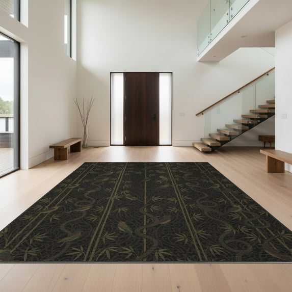 Design&I 6'x9' Washable Area Rug Sleek Flatweave Pet Friendly Bamboo Snake Sofa Vintage Boho Bird Motif Gothic Scroll Border for Queen Size Bedroom, Under Bed