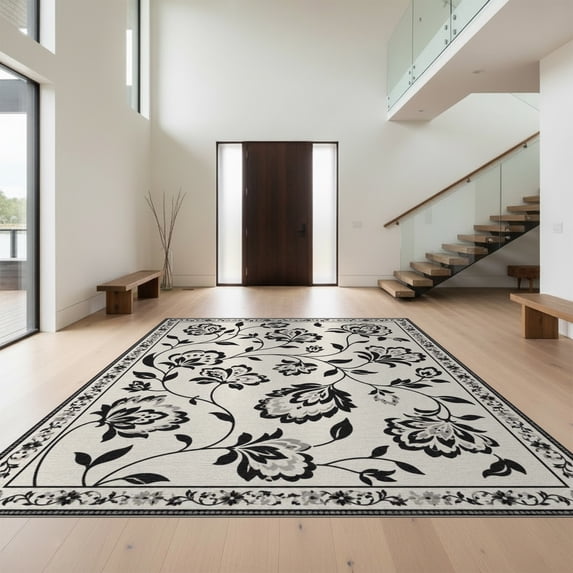 Design&I 6'x9' Washable Area Rug Sleek Flatweave Pet Friendly Black White Elegant Floral and Vine Design Intricate Blossom Motifs with Graceful for Queen Size Bedroom, Under Bed