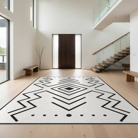 Design&I 6'x9' Washable Area Rug Sleek Flatweave Pet Friendly Black White Geometric Precision Design Symmetrical with Bold Accents for Queen Size Bedroom, Under Bed