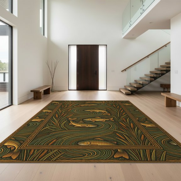 Design&I 6'x9' Washable Area Rug Sleek Flatweave Pet Friendly Fish Cabin Trophy Mount Layout Lake Motifs Fishing Clownfish for Queen Size Bedroom, Under Bed