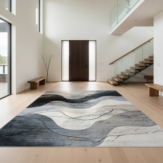 Design&I 6'x9' Washable Area Rug Sleek Flatweave Pet Friendly Long Boho Hallway Abstract Distressed Swirl Entryway Hallways for Queen Size Bedroom, Under Bed