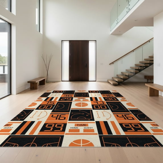 Design&I 6'x9' Washable Area Rug Sleek Flatweave Pet Friendly Orange Black Court Scoreboard Design Retro Sport Theme with Playbook Graphics for Queen Size Bedroom, Under Bed
