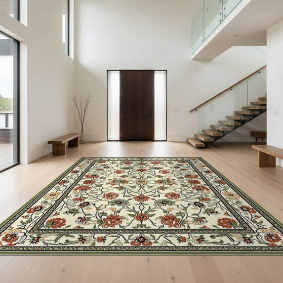 Design&I 6'x9' Washable Area Rug Sleek Flatweave Pet Friendly Oval Farmhouse Scattered Wildflower Ornate Border Classroom Dining for Queen Size Bedroom, Under Bed