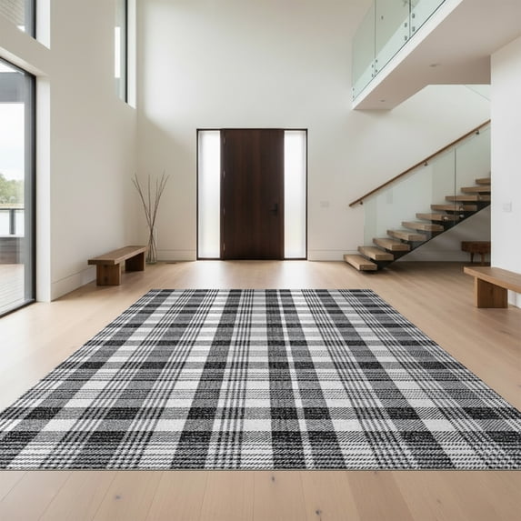 Design&I 6'x9' Washable Area Rug Sleek Flatweave Pet Friendly Plaid Tartan Checkered Dense Motif Layout Layered Front for Queen Size Bedroom, Under Bed