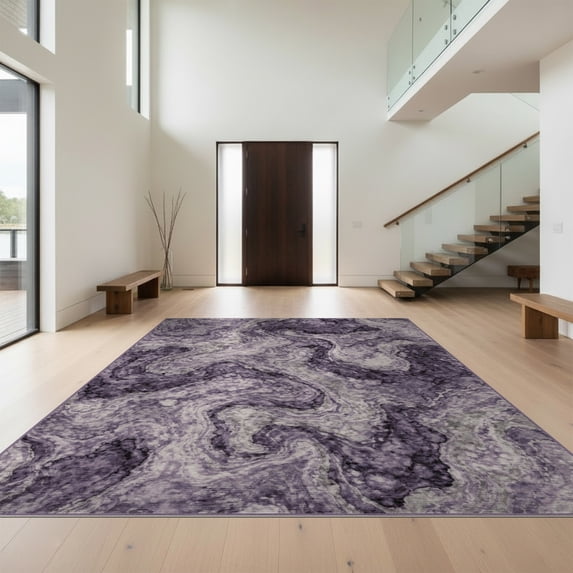 Design&I 6'x9' Washable Area Rug Sleek Flatweave Pet Friendly Purple Boho Abstract Swirl Vintage Tie Dye Scroll Trellis Distressed for Queen Size Bedroom, Under Bed