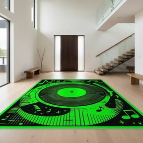 Design&I 6'x9' Washable Area Rug Sleek Flatweave Pet Friendly Record Spiral Cd Grooves Abstract Typography Motif Round Vinyl for Queen Size Bedroom, Under Bed