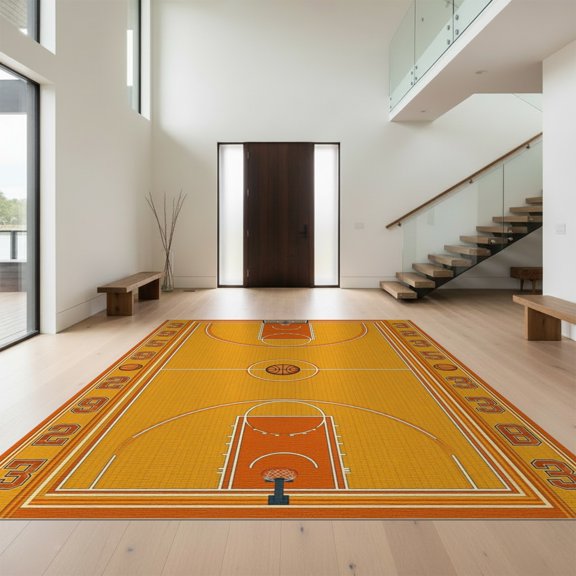Design&I 6'x9' Washable Area Rug Sleek Flatweave Pet Friendly Vintage Hardwood Tones Bold Jersey Numbers Stripe Basketball Motif Refined for Queen Size Bedroom, Under Bed