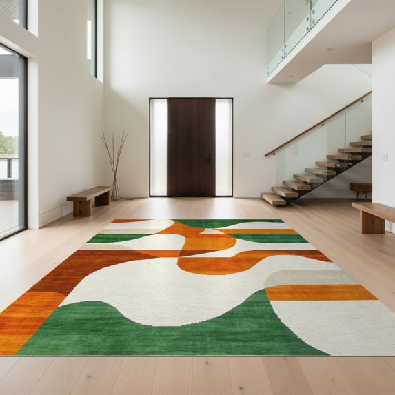 Design&I 6'x9' Washable Area Rug Snag-Free Abstract Curved Stripe Wave Contemporary Orange Teal Burnt Fall for Dining Room, Under Table, Office