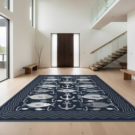 Design&I 6'x9' Washable Area Rug Snag-Free Fish Emblems Fishing Swimming Creatures Maritime Hunting Animals for Dining Room, Under Table, Office