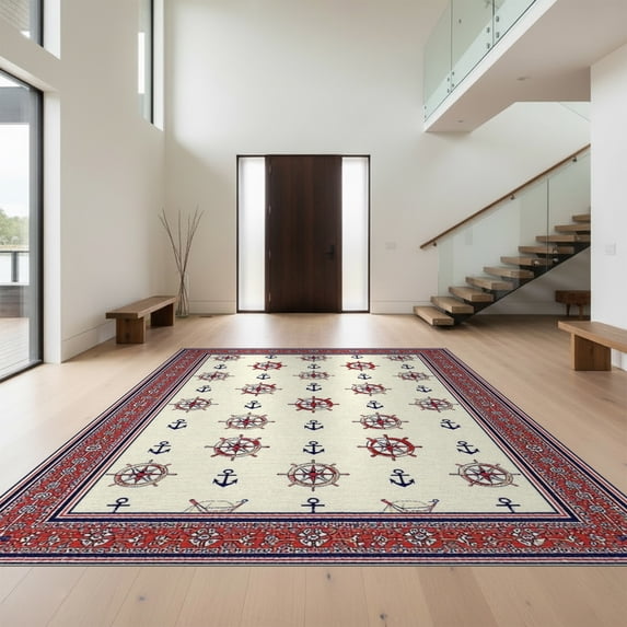 Design&I 6'x9' Washable Area Rug Snag-Free Nautical Maritime Compass Striped Border Round Motif Sailboat for Dining Room, Under Table, Office