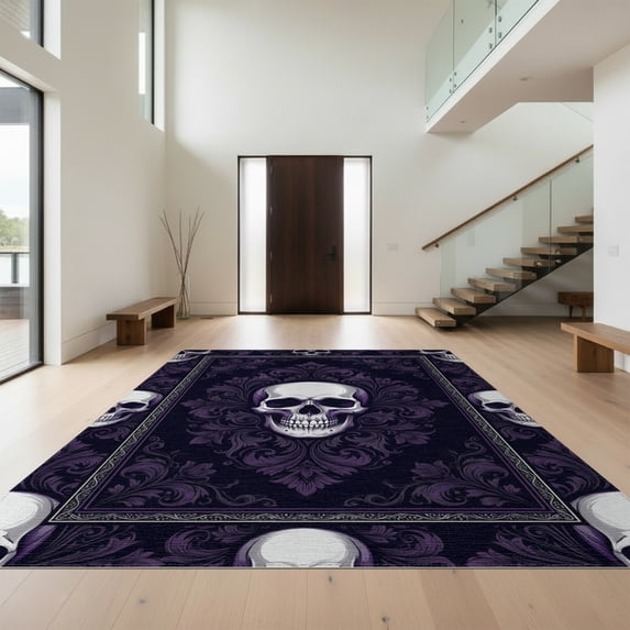 Design&I 6'x9' Washable Area Rug Snag-Free Skeleton Scary Gothic Damask Large Motif Bone Halloween Skull Refined Structured for Dining Room, Under Table, Office