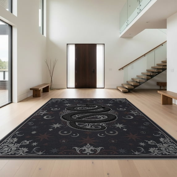 Design&I 6'x9' Washable Area Rug Snake Gothic Round Spiral Occult Symbols Enchanted Witch Moody for Dining Room, Under Table, Office, Snag-Free