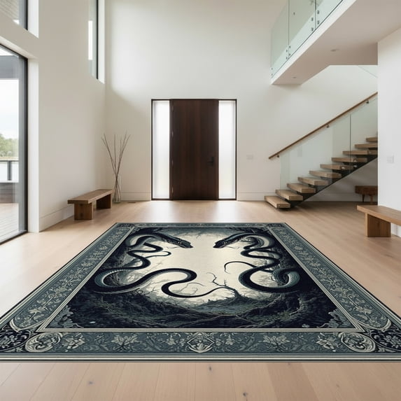 Design&I 6'x9' Washable Area Rug Snake Serpent Round Gothic Intertwined Motif Damask Frame Coiled for Queen Size Bedroom, Under Bed, Sleek Flatweave Pet Friendly