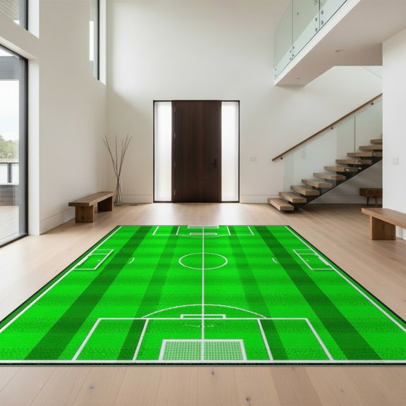 Design&I 6'x9' Washable Area Rug Soccer Halftone Field Pitch Lines Trophy Door Center Goal Markings for Queen Size Bedroom, Under Bed, Sleek Flatweave Pet Friendly