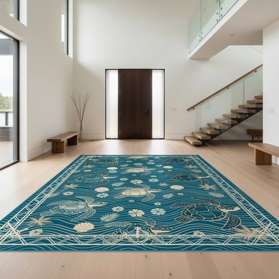 Design&I 6'x9' Washable Area Rug Turtle Motif Nautical Wave Starfish Border Coral Reef Seashell Ocean Flowing for Queen Size Bedroom, Under Bed, Sleek Flatweave Pet Friendly