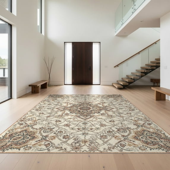 Design&I 6'x9' Washable Area Rug Vintage Trellis Medallion With Boho Floral Scroll And Ornamental Border for Dining Room, Under Table, Office, Snag-Free