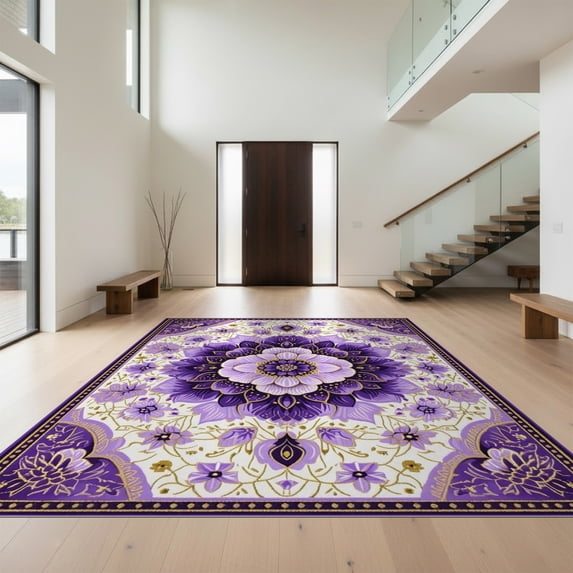 Design&I 8'x10' Ultra Soft Area Rug, Dorm Purple Boho Vintage Petal Symmetry Pastel Flower Lilac None Fluffy Washable Non Shedding for Bedroom Living Room Under Sectional