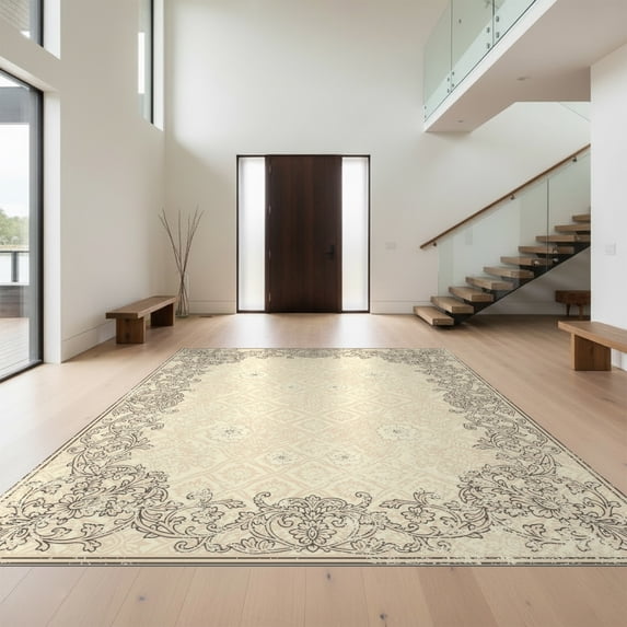 Design&I 8'x10' Ultra Soft Area Rug, Extra Vintage Large Distressed Lattice Boho Ornate Border Oversized None Fluffy Washable Non Shedding for Bedroom Living Room Under Sectional