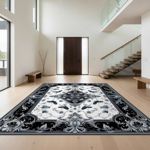 Design&I 8'x10' Ultra Soft Area Rug, Gothic Insect Motif Ornate Filigree Scroll Bathroom Damask Scrollwork None Fluffy Washable Non Shedding for Bedroom Living Room Under Sectional