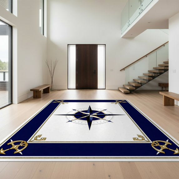 Design&I 8'x10' Ultra Soft Area Rug, Maritime Compass Rose Anchor Motif Sailor Knot Border Round Design None Fluffy Washable Non Shedding for Bedroom Living Room Under Sectional