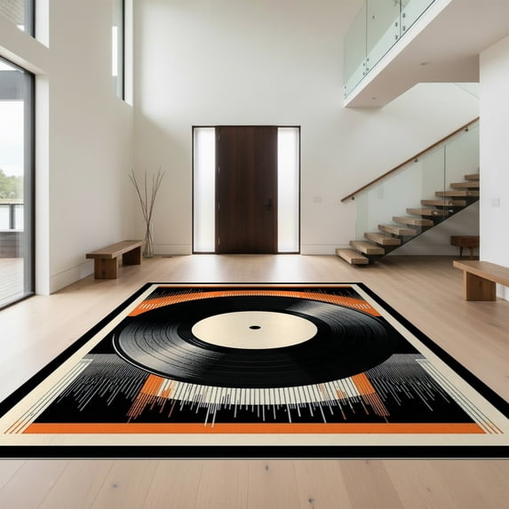 Design&I 8'x10' Ultra Soft Area Rug, Music Vinyl Cd Record Disc Retro Soundwave Border Vintage Note None Fluffy Washable Non Shedding for Bedroom Living Room Under Sectional