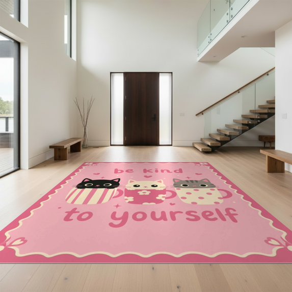Design&I 8'x10' Ultra Soft Area Rug, Pink Whimsical Cats and Floral Motif Design Charming Animal Illustrations with Playful Fluffy Washable Non Shedding for Bedroom Living Room Under Sectional