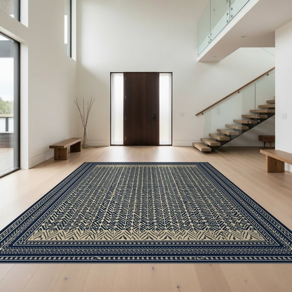 Design&I 8'x10' Ultra Soft Area Rug, Recycled Herringbone Geometric Vintage Border Frame Navy Mold None Fluffy Washable Non Shedding for Bedroom Living Room Under Sectional