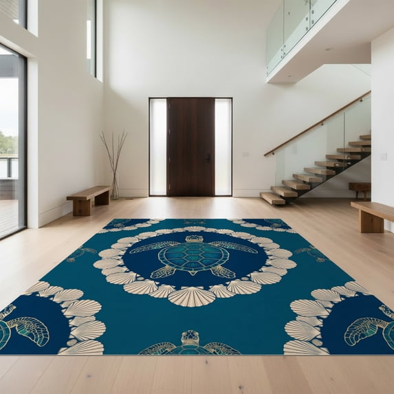 Design&I 8'x10' Ultra Soft Area Rug, Turtle Nautical Minimalist Seashell Border Themed Ocean Lobster Refined None Fluffy Washable Non Shedding for Bedroom Living Room Under Sectional