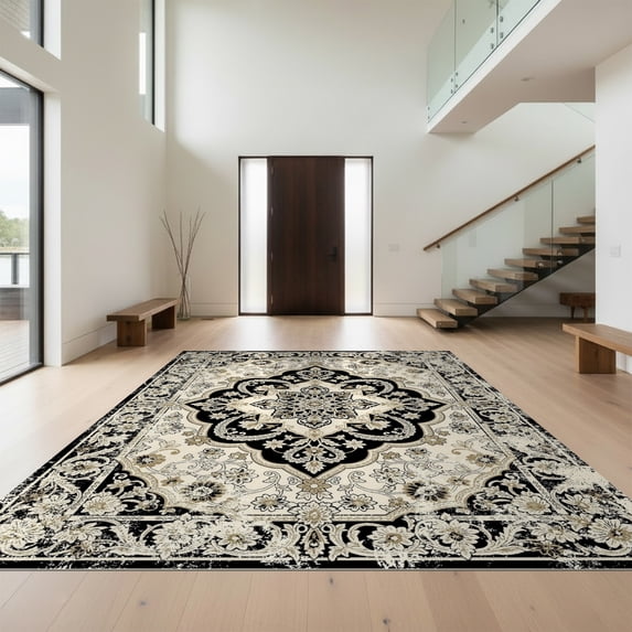 Design&I 8'x10' Ultra Soft Area Rug, Vintage Hallway Distressed Scroll Border Entryway Hallways Long Flowing Dynamic None Fluffy Washable Non Shedding for Bedroom Living Room Under Sectional