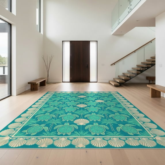 Design&I 8'x10' Washable Area Rug Beach Nautical Ocean Tropical With Seashell Border Sea Turtle Refined Structured for King Size Bedroom, Under Bed, Sleek Flatweave Pet Friendly